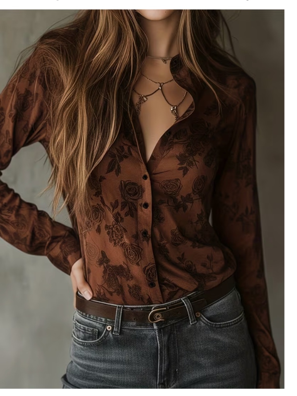 NEW Elegant Direction Vintage Rose Pattern Print Brown Coffee Shirt